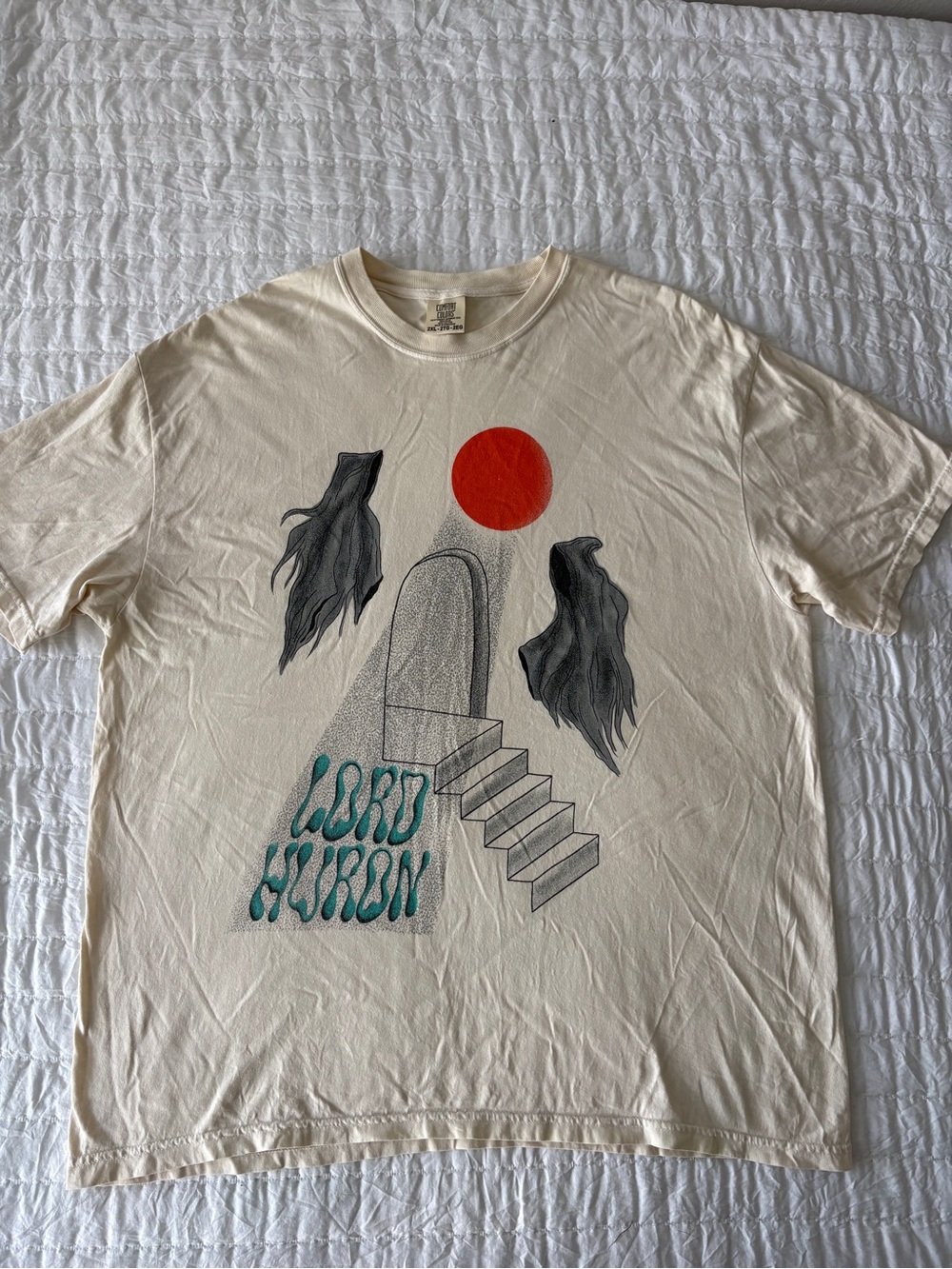Lord Huron Band Tee Cream Graphic with Red Sun and Teal Text